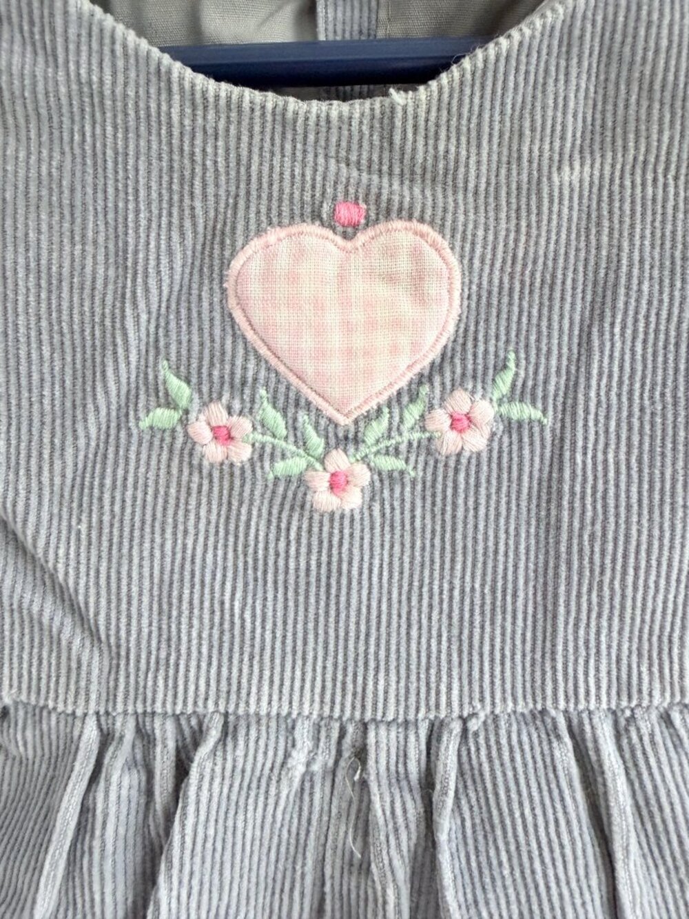 Vintage Gray Corduroy Baby Romper Pink Heart Embroidery Cottagecore 24M Girls - Picture 5 of 6